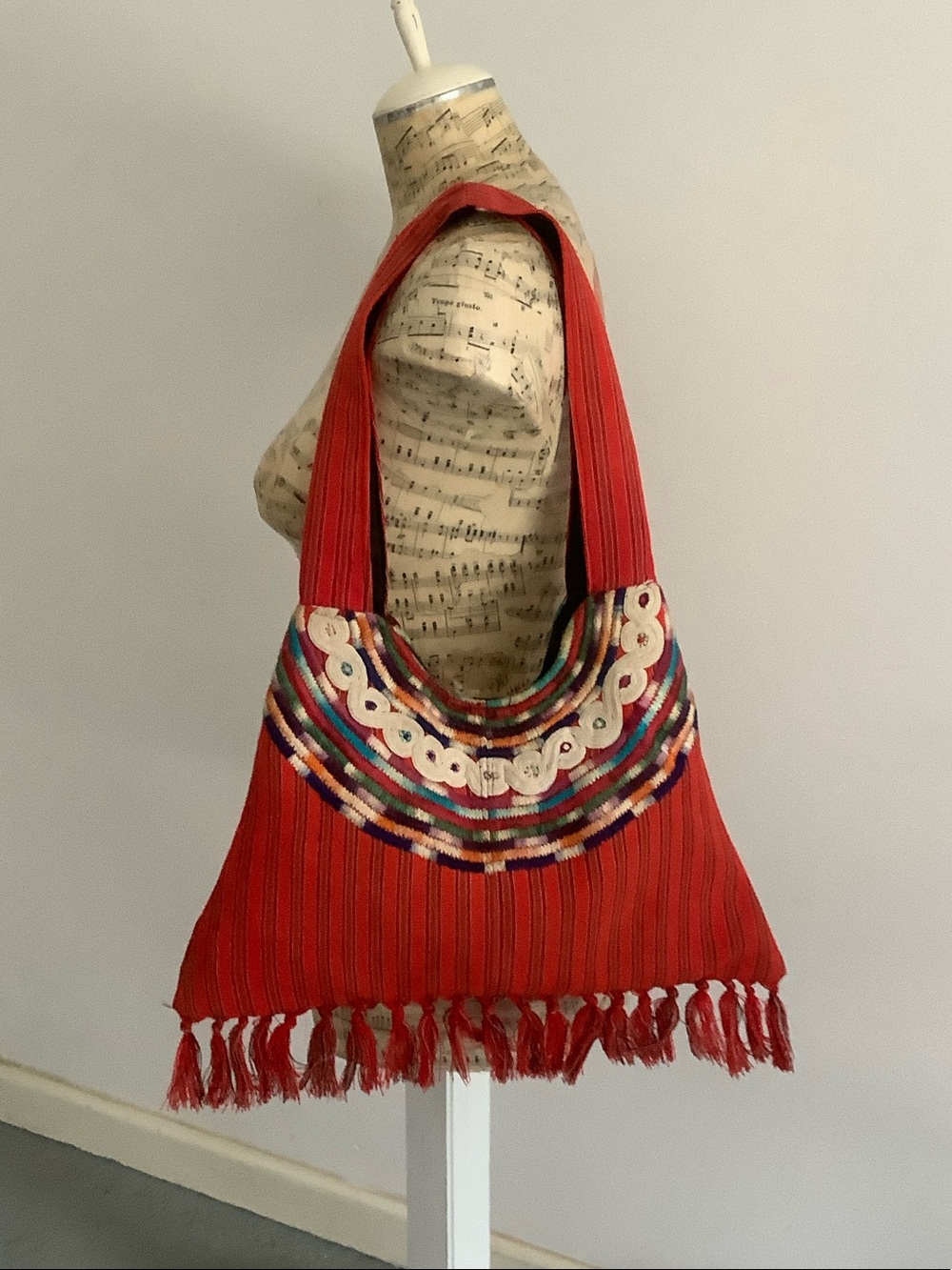 Bohemian Red Fringe Shoulder Bag with Embroidered Trim